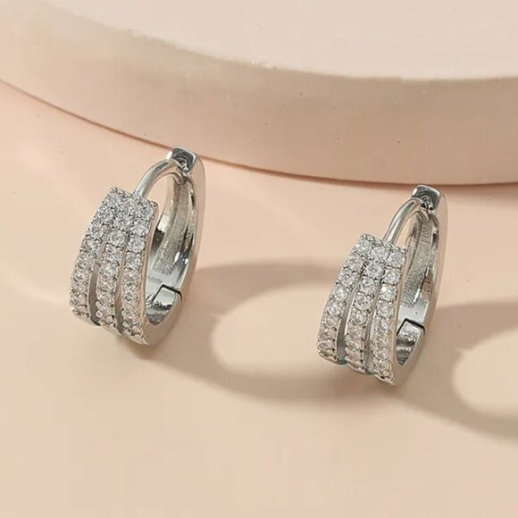 3/$35 Copper Triple Row Earrings Dainty Silver Cubic Zirconia CZ Hoop Huggies - Picture 5 of 6